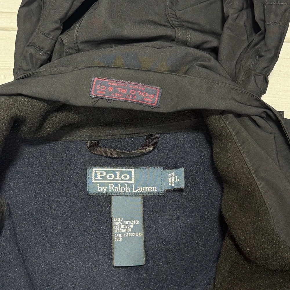 Polo Ralph Lauren Jacket L Black Blue Polartec Hooded Fleece Full Zip VTG 90s - Picture 10 of 11